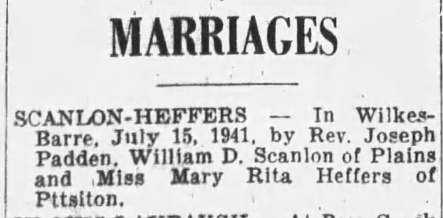 Marriage notice for Mary Heffers and Bill Scanlon