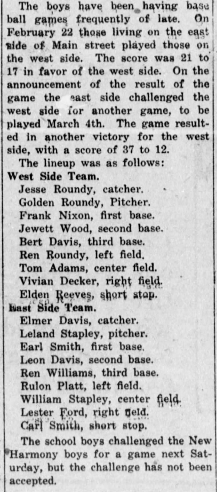 BaseBall Game Iron County Record Friday March 17 1916