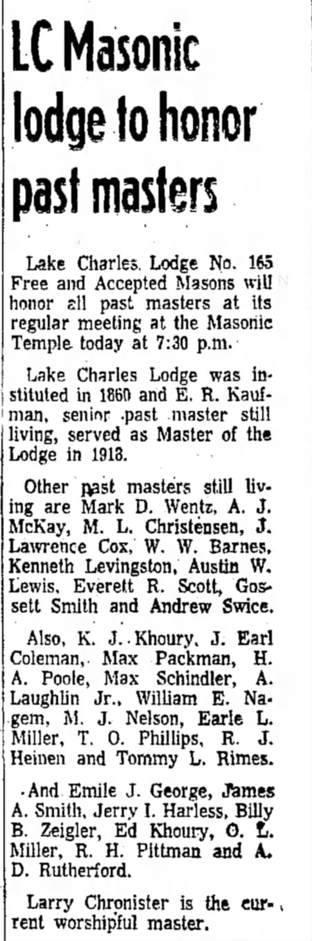 Coleman, J. Earl - Masonic Lodge 165 past master, 16 Jun 1966