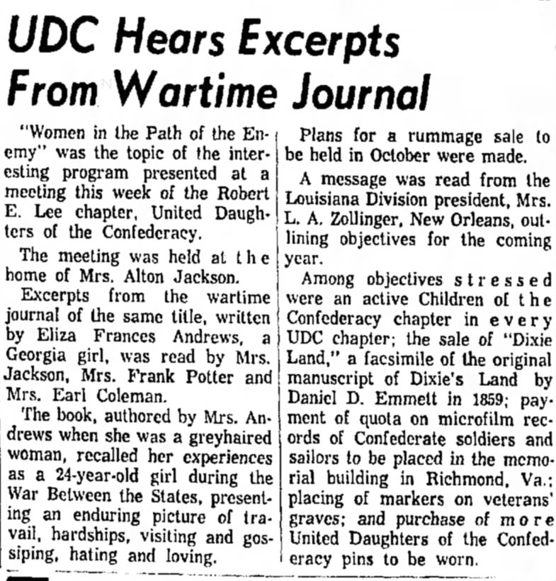 Coleman, Mrs. Earl, UDC meeting, 9 Sep 1962, Lake Charles American-Press