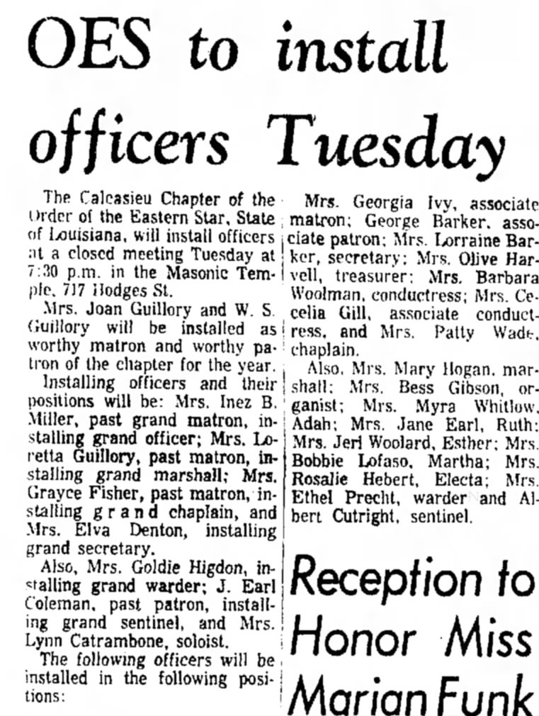 Coleman, Mrs. Earl - Order of the Eastern Star mention as past patron, 2 Jan 1967, Lake Charles-Amer