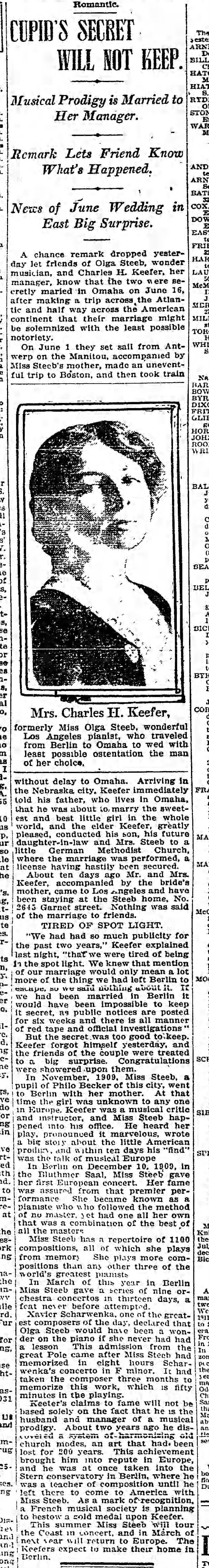 Olga married Charles H Keefer, 9 Jul 1911, LA Times