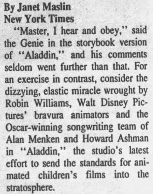 1992 New York Times Review of Aladdin calls it a "dizzying, elastic miracle"