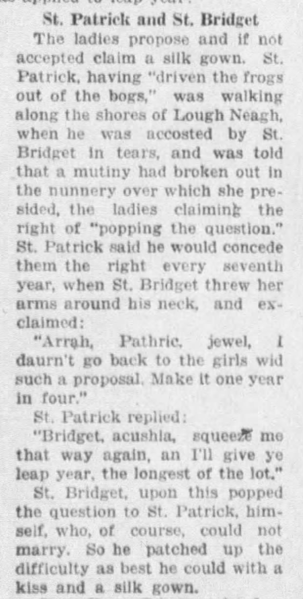 One version of the St. Patrick and St. Bridget origin of Leap Year proposals