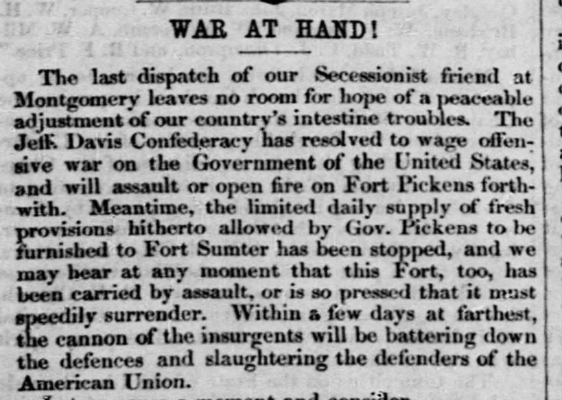 Civil War start, The Liberator, Boston MA April 12, 1861 part 1