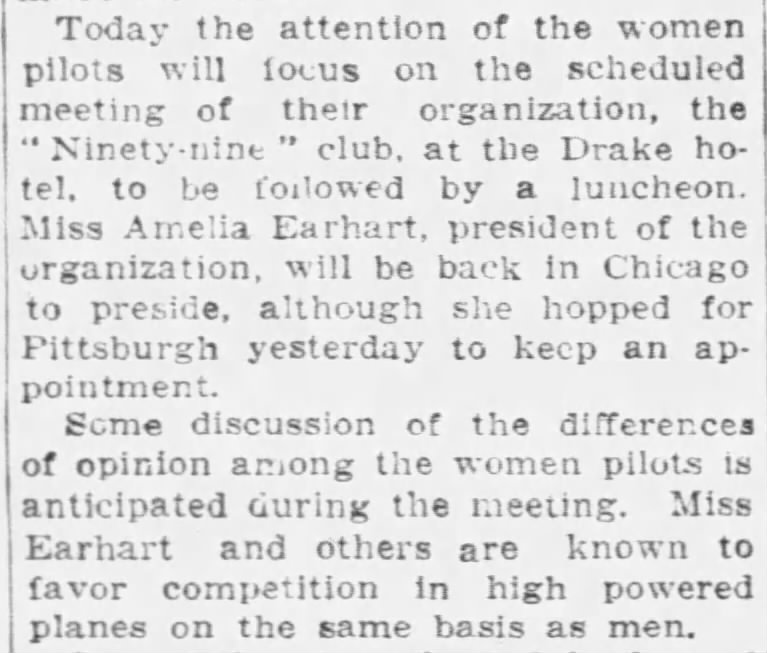 Amelia Earhart, president of the Ninety-Nines, favors equal competition