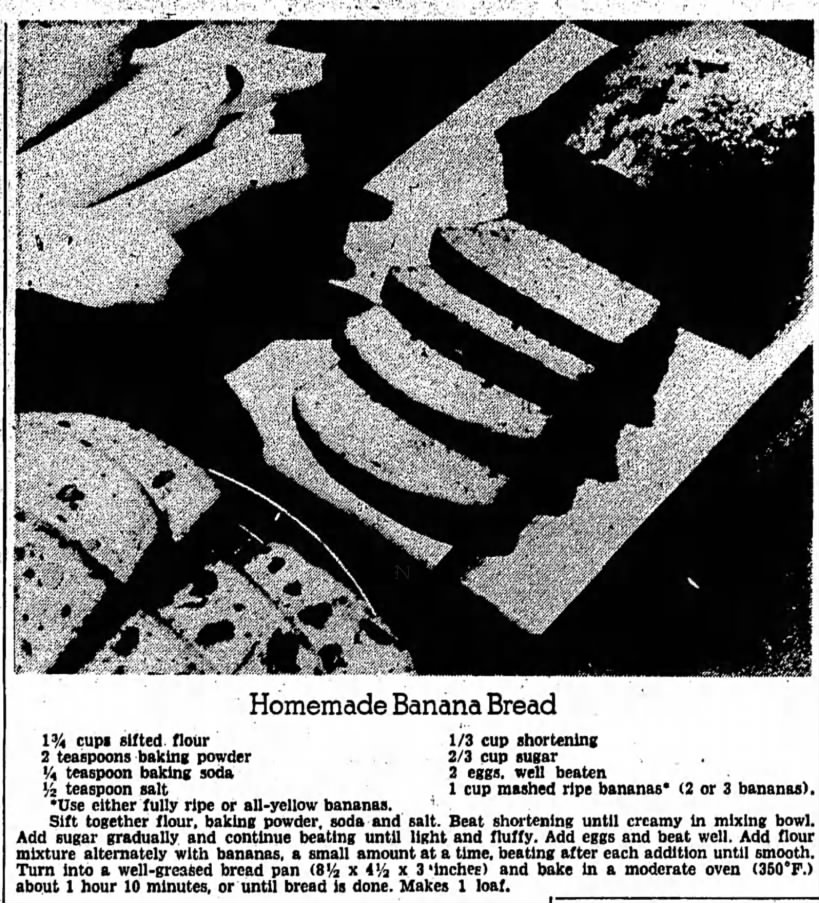 Banana Bread Recipe, 1950