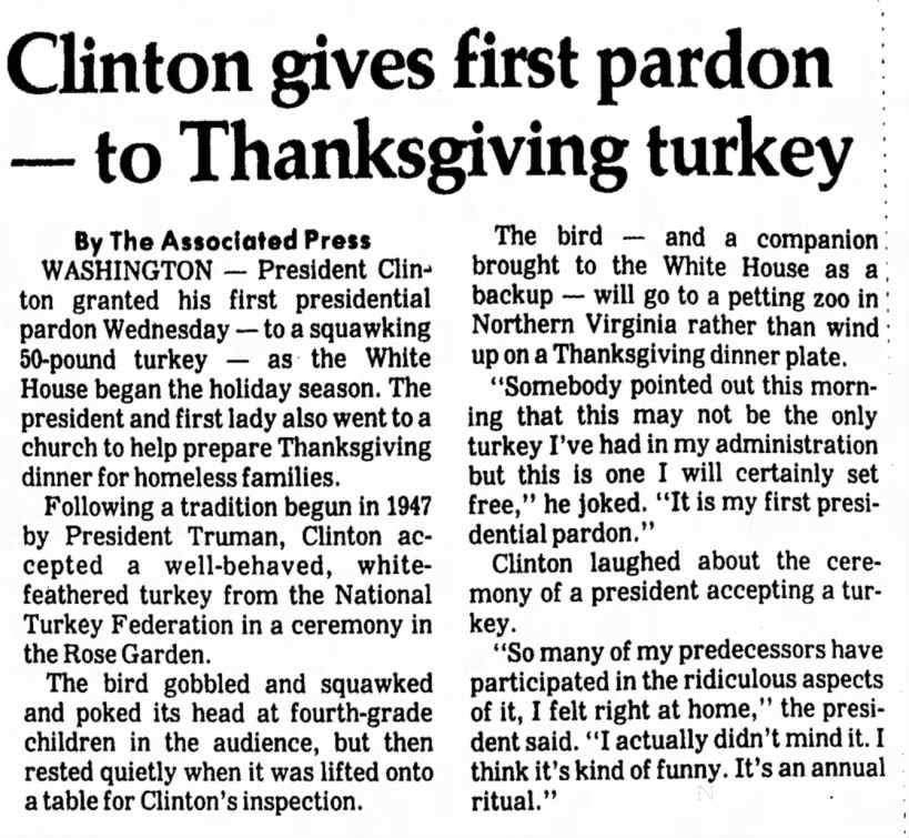 Clinton's First Presidential Pardon Granted to a Turkey