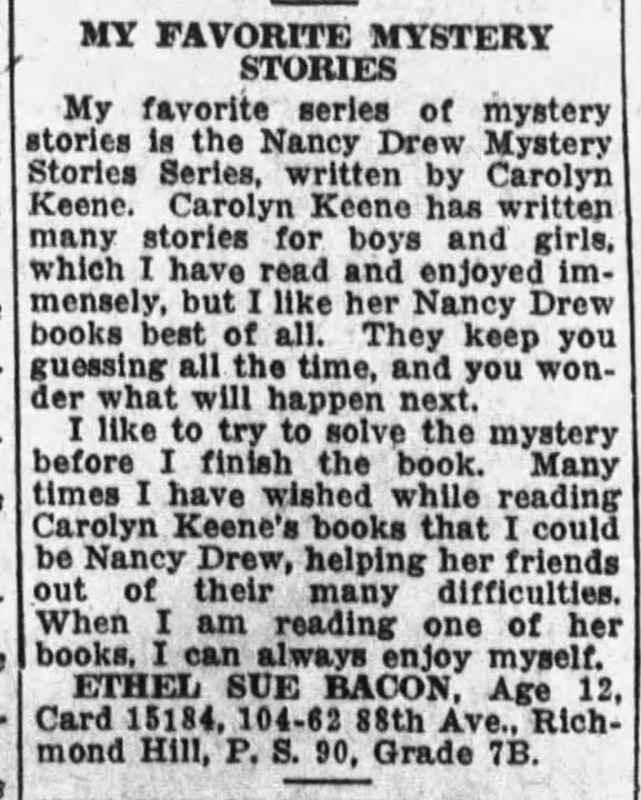 Nancy Drew saw immediate popularity; book review from 12-yr-old Ethel in 1933