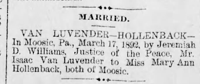 Van Luvender- Hollenback Marriage in Moosic, PA
