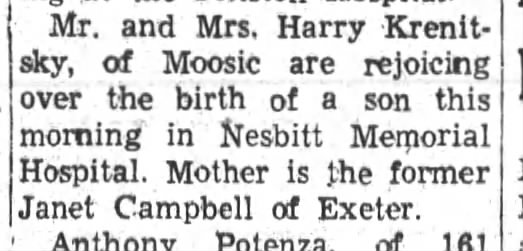 Birth of Harry Krenitsky at Nesbitt Memorial Hosptial - 12/9/1958