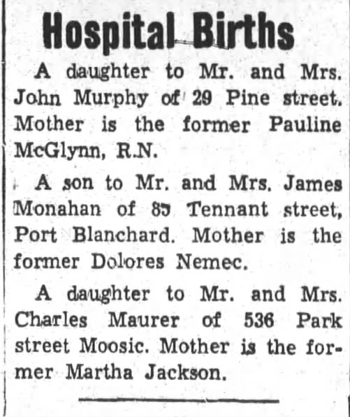 Virginia Maurer birth annoucement - 10/15/1957- Pittston Hospital