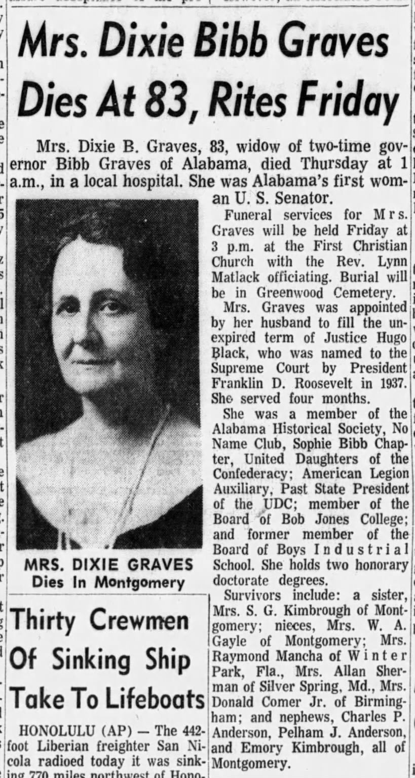 Mrs. Dixie Bibb Graves (Bibb Graves wife), 21 Jan 1965, Alabama Journal
