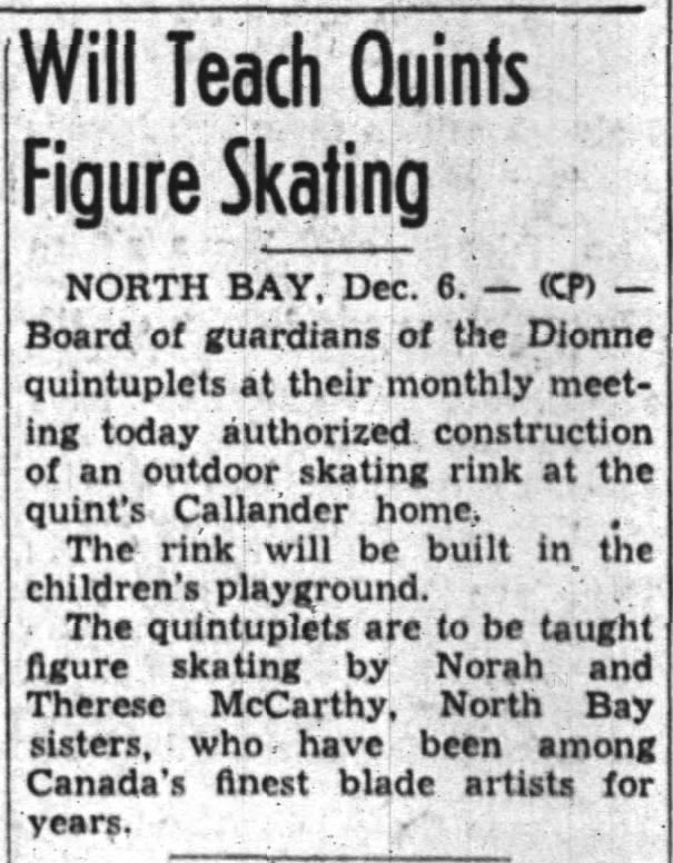 Norah and Therese McCarthy, teach Dionne Quints how to skate