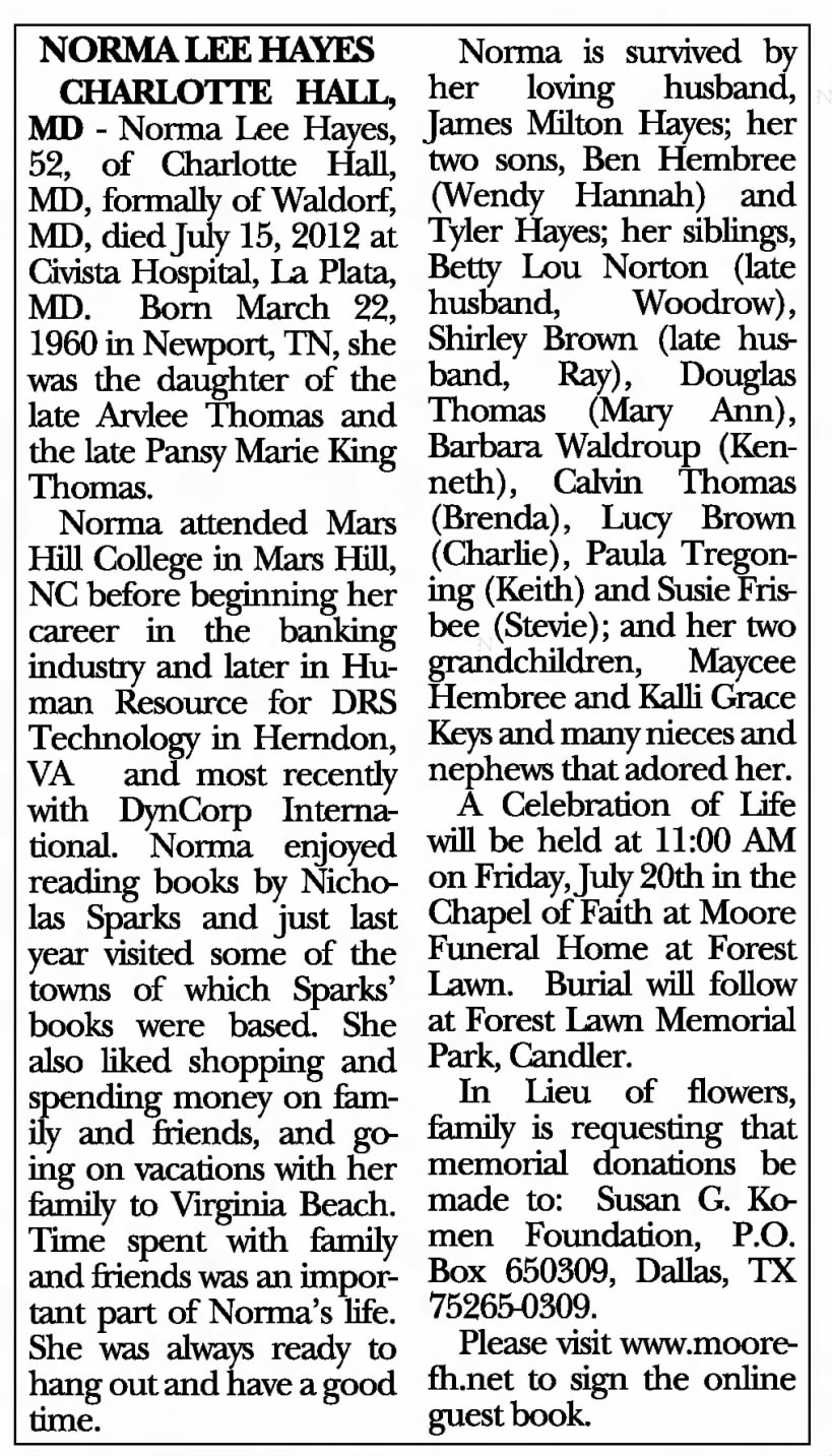 Norma Lee Thomas Hayes Obit