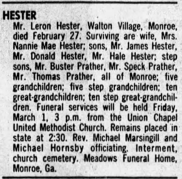 Leron Hester Funeral Notice