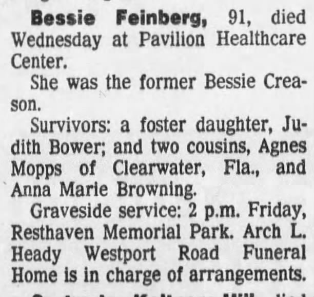 Feinberg, Bessie Creason