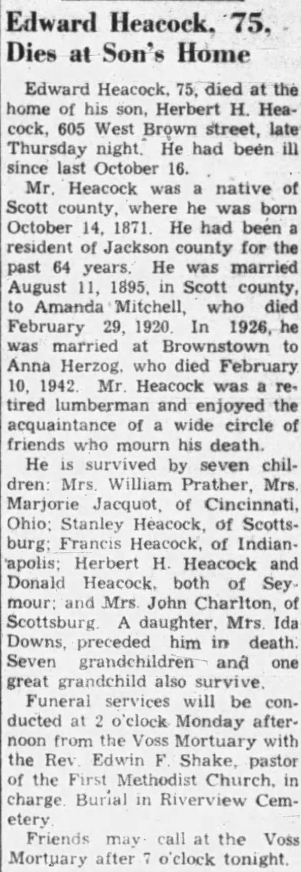 Heacock, Edward
The Tribune(Seymour, Indiana) 28 Feb 1947, Fri, Page 1