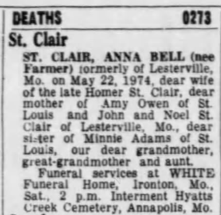 1974: Obituary of Anna Bell (nee Farmer) St. Clair
