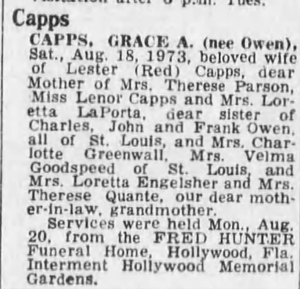 1973: Obituary of Grace A. (nee Owen) Capps