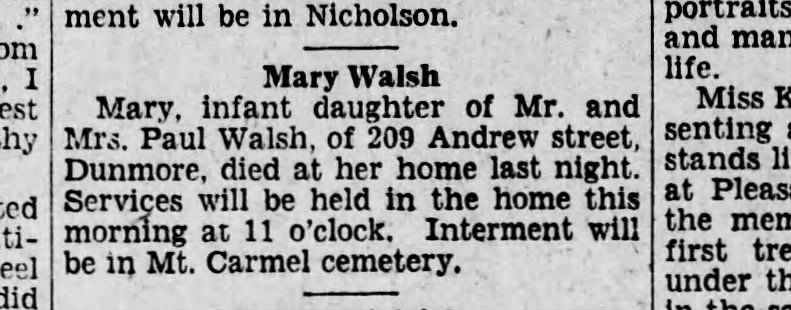 infant daughter of Margaret Langa and Paul Walsh death Oct 30 1928