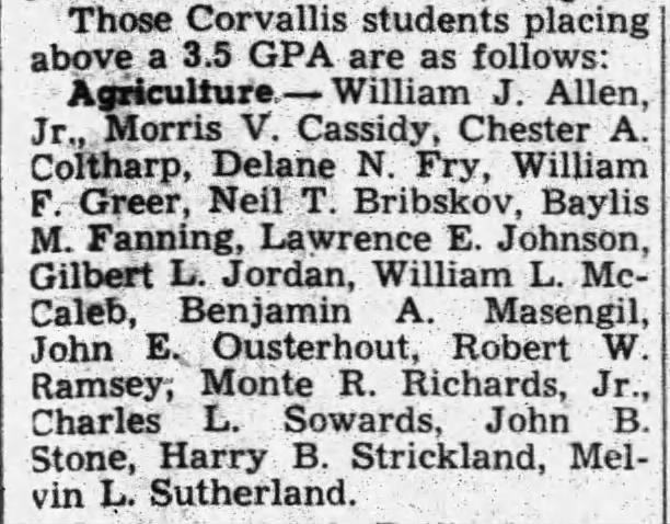 January 1951 Oregon State honor roll