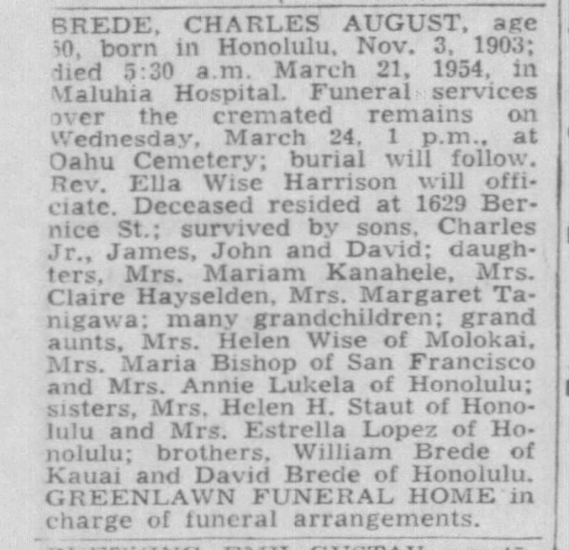 Charles August Brede died 21 Mar 1954 at Maluhia Hospital