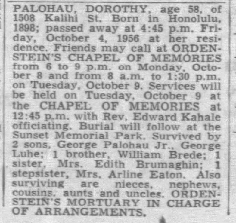 Dorothy Brede Palohau died 4 Oct 1956 at Kalihi home