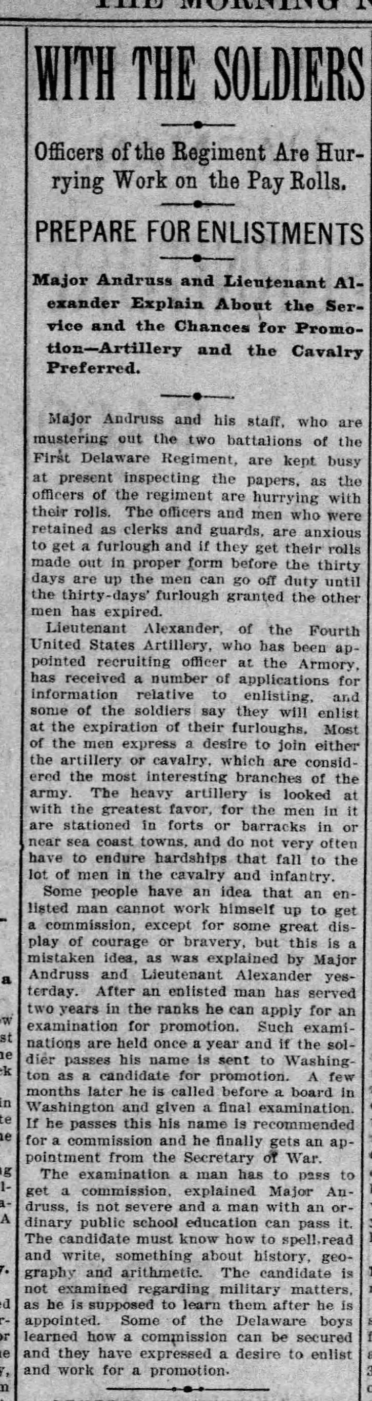 Lt Alexander recruiting in Delaware 1898 The Morning News Wilmington 20 Oct 1898