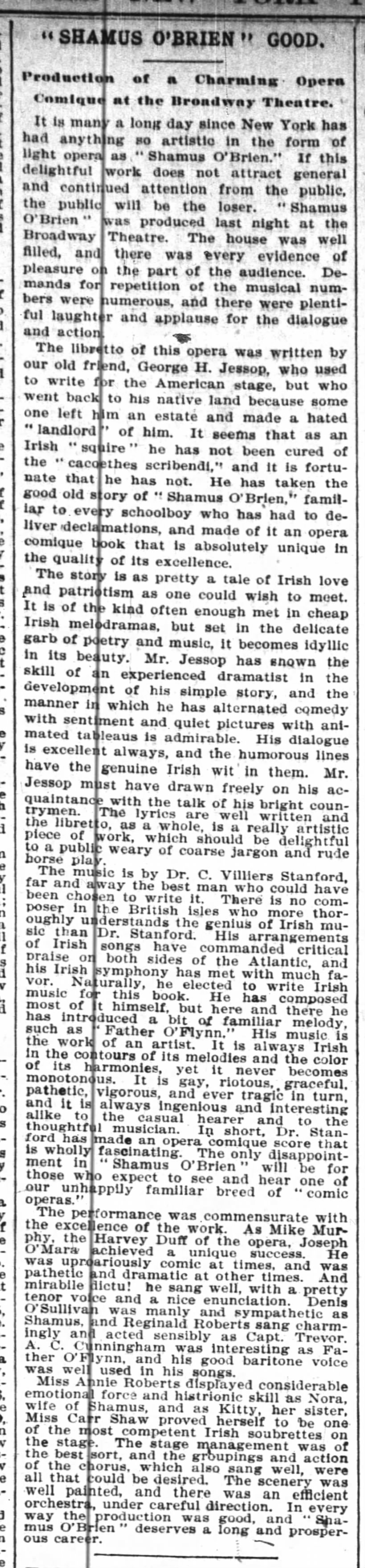 "Shamus O'Brien Good" NY Times 6 Jan 1897