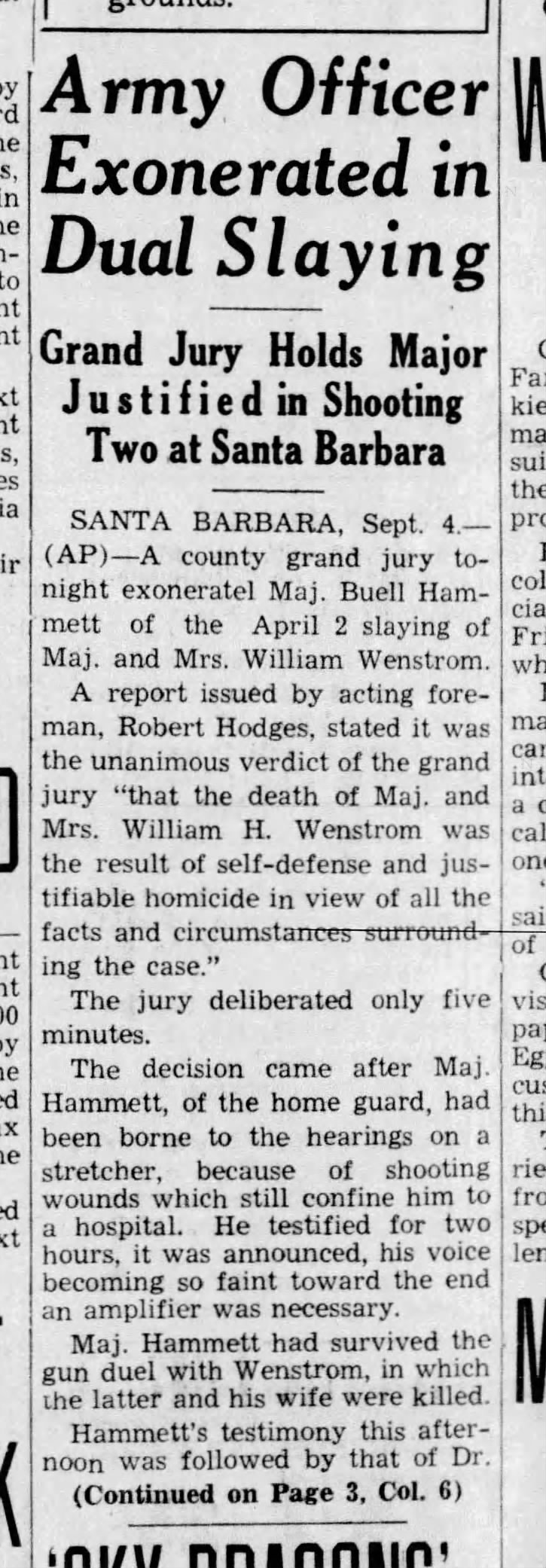 Amry officer exonerated The PRess Democrat Santa Rosa 05 Sep 1942 (page one)