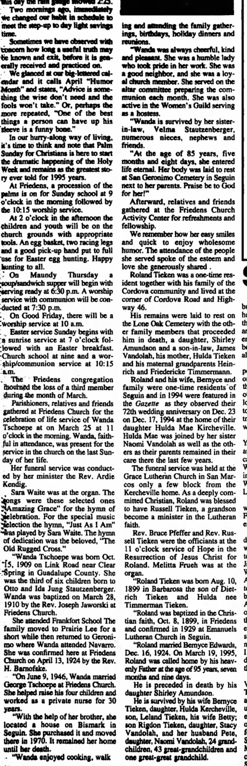Wanda Stautzenberger Tschoepe Obituary
Seguin Gazette  06 Apr 1995
