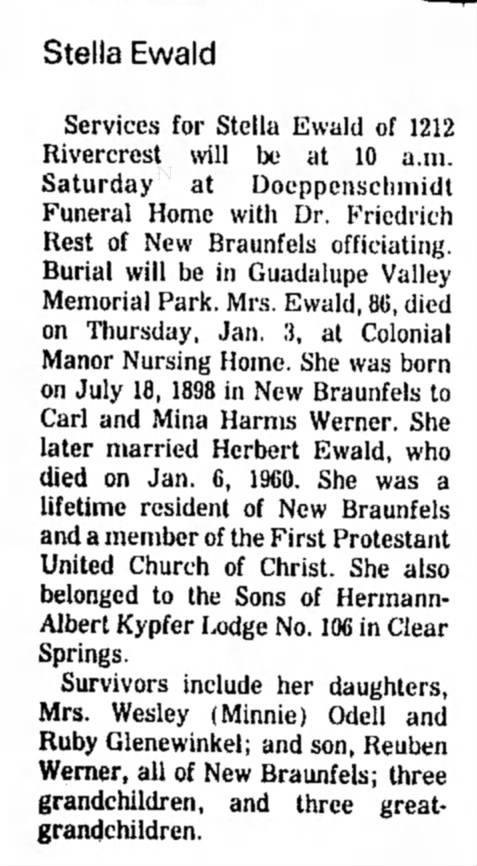 Stella Ewald Obituary
New Braunfels Herald 04 Jan 1985