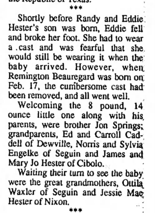 Remington Beauregard Hester 
Seguin Gazette - 1 Mar 1992