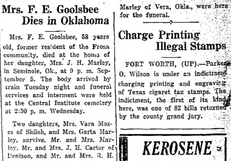 Mrs F E Goolsbee Obituary, former resident of Frosa, Limestone County, Texas
