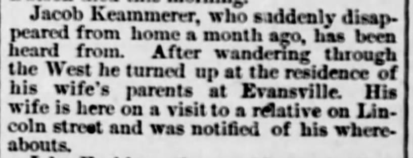 Jacob Keammerer in Harrisburg Telegraph ( Harrisburg , Pennsylvania ) on 29 Oct 1891 Thu.