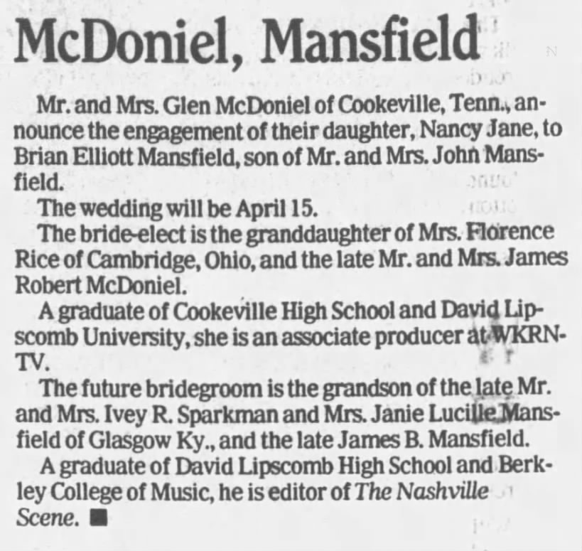 Nancy McDoniel Brian Mansfield engagement announcement Tennessean 1989