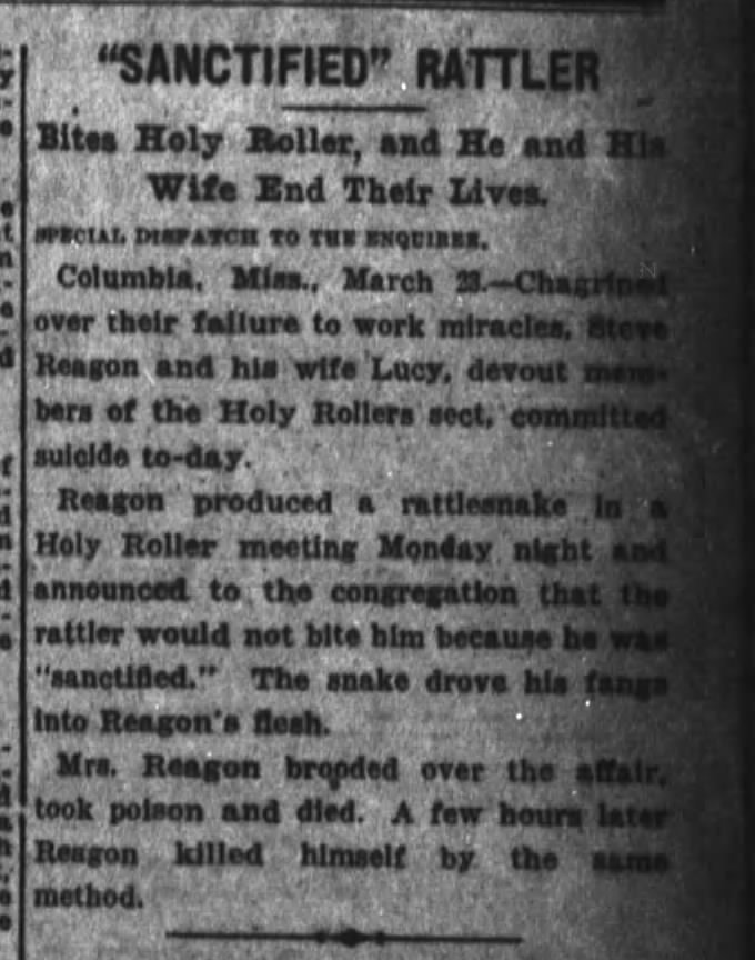 Cincinnati Enquirer, OH, 24 Mar 1917, p7, "Sanctified" Rattler, (2 deaths)