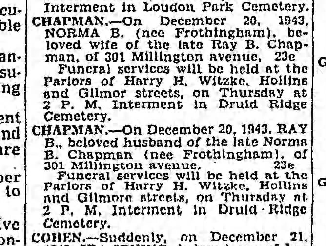 Death Notices of Norma and Raymond Chapman 1943