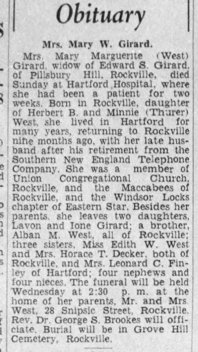 Mary West Girard Obituary 10 Apr 1939