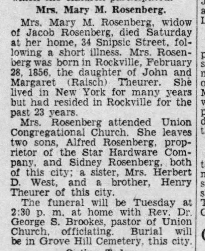 Mary Theurer Rosenberg Obituary 13 Aug 1933