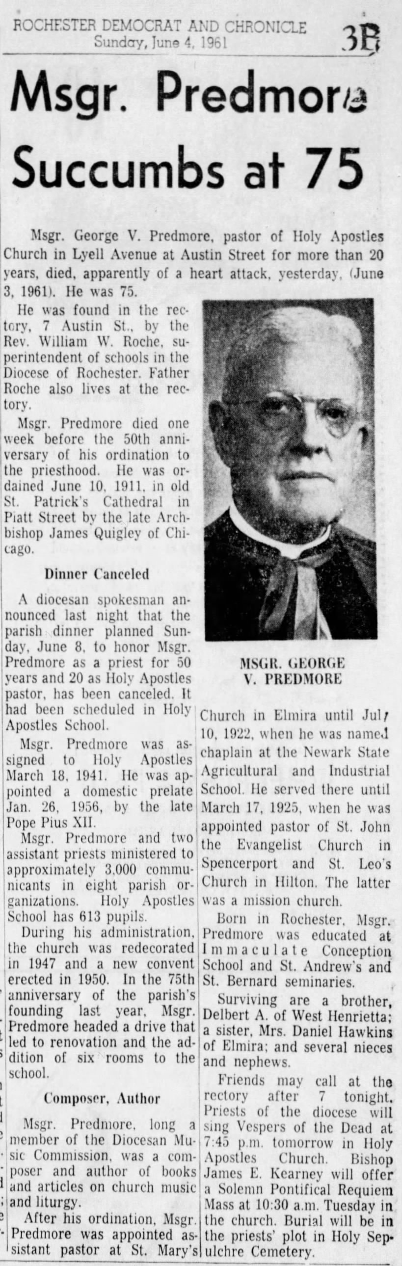 George V Predmore:  Msgr. Predmore Succumbs at 75 (Report of passing and life)