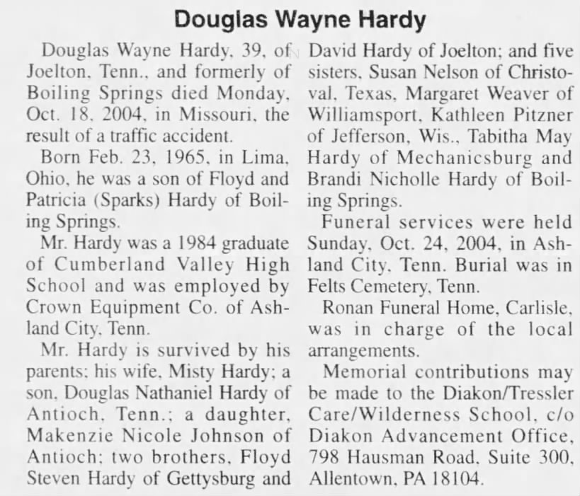 Obituary for Douglas Wayne Hardy, 1965-2004 (Aged 39)