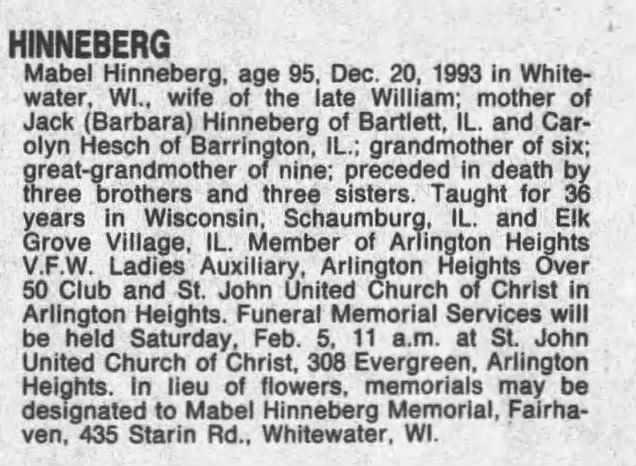 Death Notice - Mabel Richgruber Hinneberg
