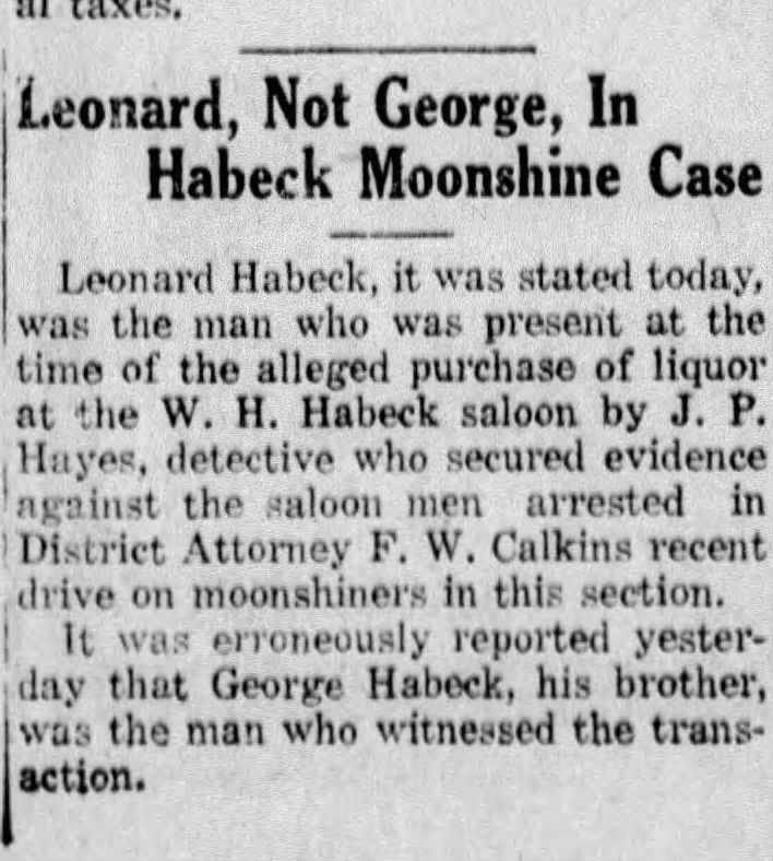Leonard Habeck in moonshine case 1922