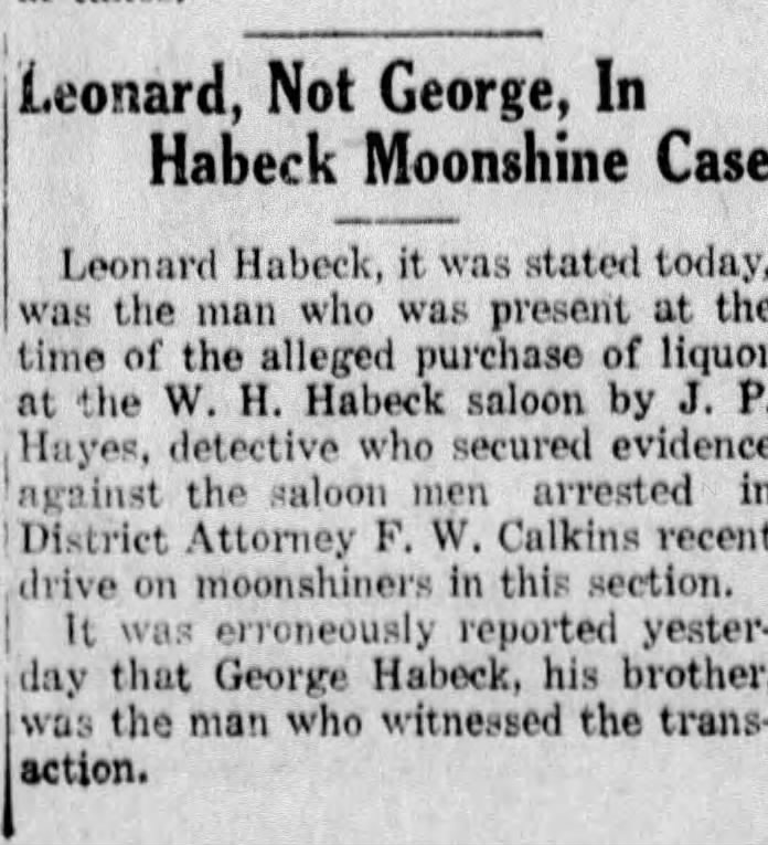 Leonard Habeck in moonshine case 1922.