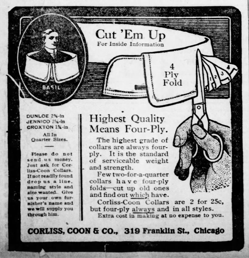 17 Mar 1905 Corliss, Coon Collar "Basil" Ad illustrating 4 Ply Fold