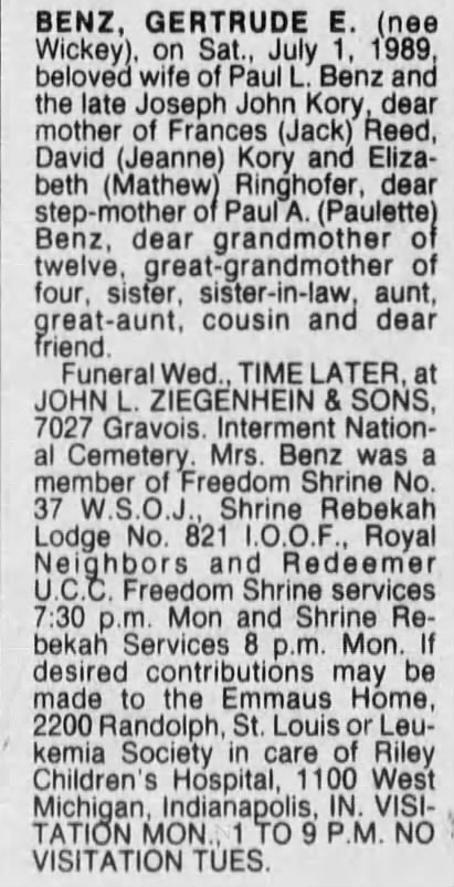Gertrude Benz Funeral Notice