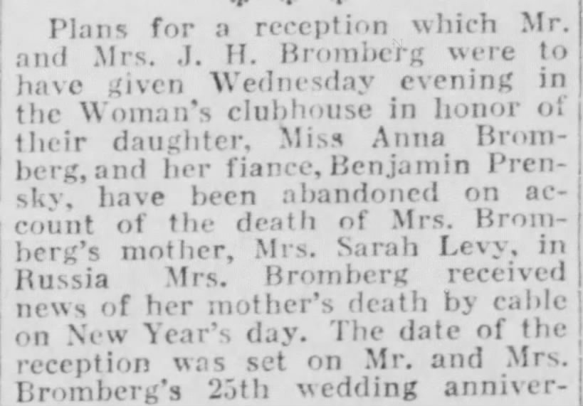 Death of Sarah Levy mother of Mrs J H Bromberg 1928