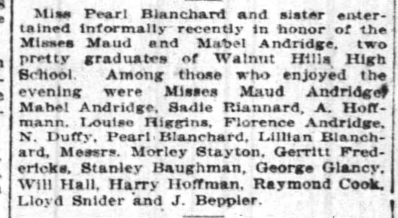 Maud, Mabel and Florence Andridge mentioned in Cincinnati Enquirer social pages 5 Jun 1904.